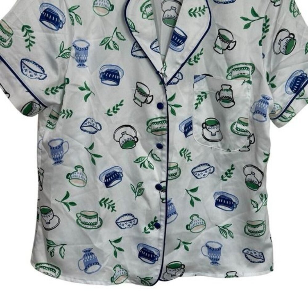 Kate‎ Spade Blue Green Novelty Coffee Print Satin Pajama Top Cozy Feminine XS - Picture 4 of 10